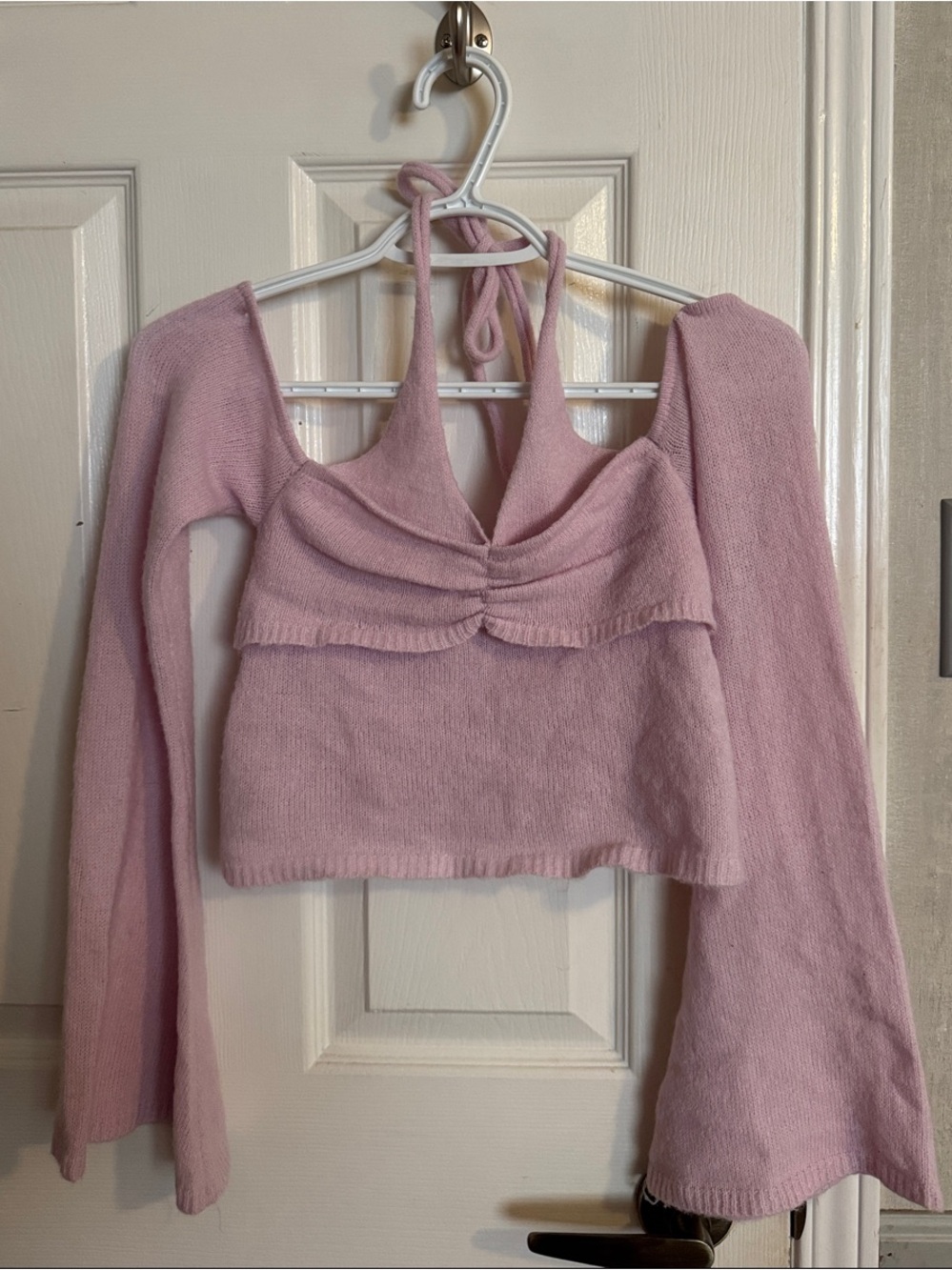 I.AM.GIA Pink Knit Halter Long Sleeve Crop Top